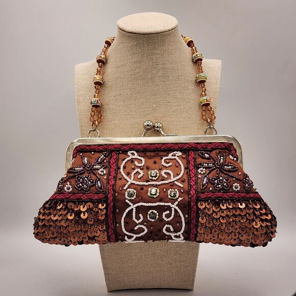 VTG 80s Brown Satin Hand Beaded Evening Bag Purse Sequin Kiss Lock Boho AS IS - Picture 1 of 12